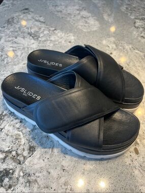 J/SLIDES NYC Black Leather Crisscross Platform Slide Sandals Size 8.5 EUC